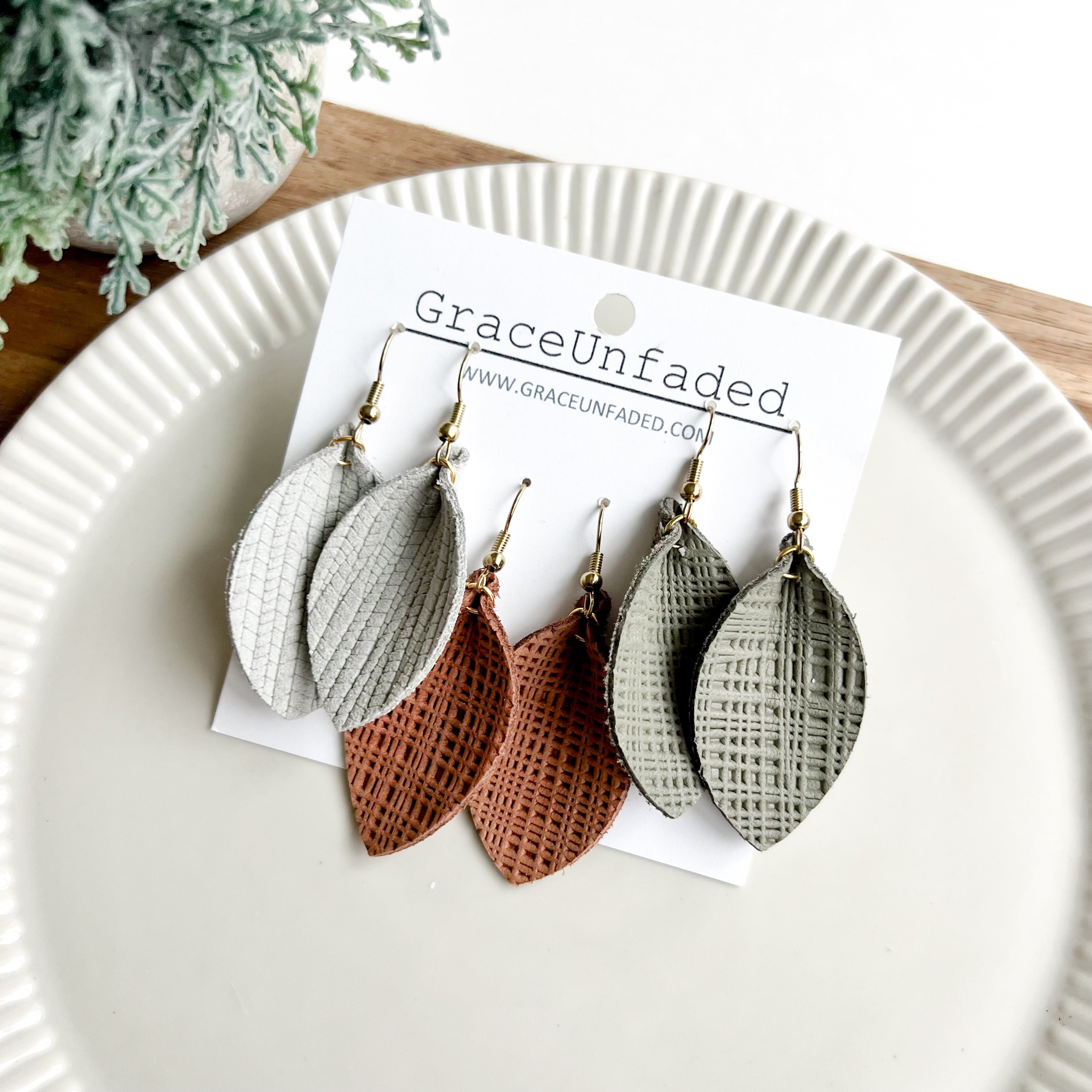 Leather Earring Packs - Light Gray, Cognac, Olive