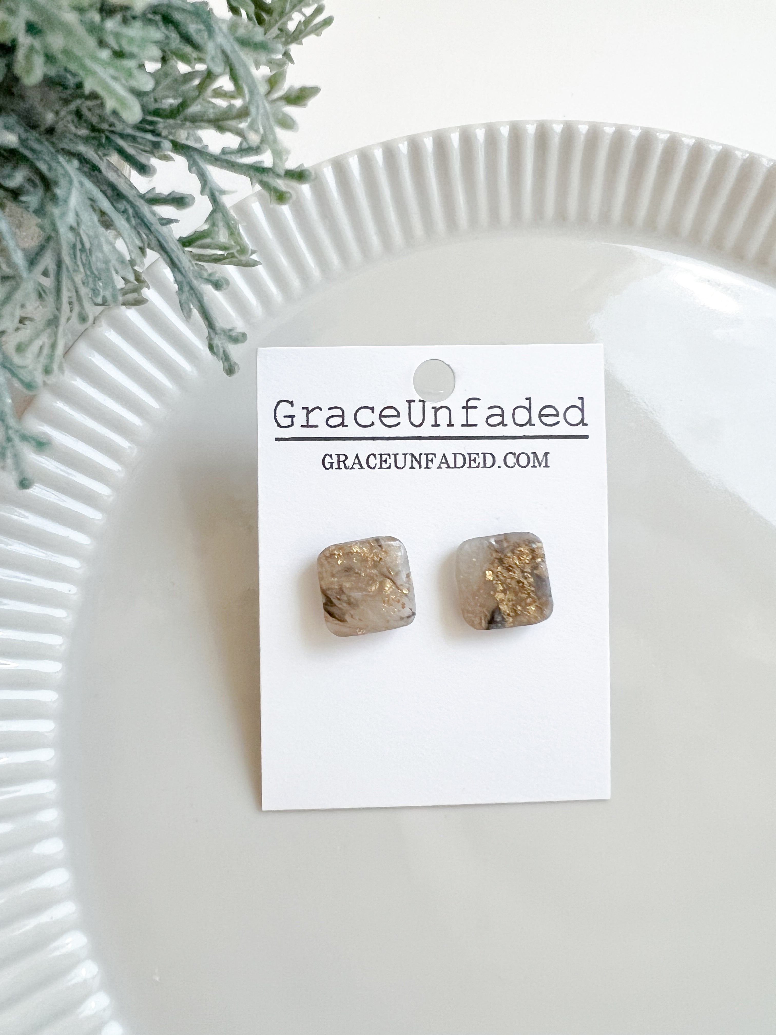 Square Resin Gold Flake Stud