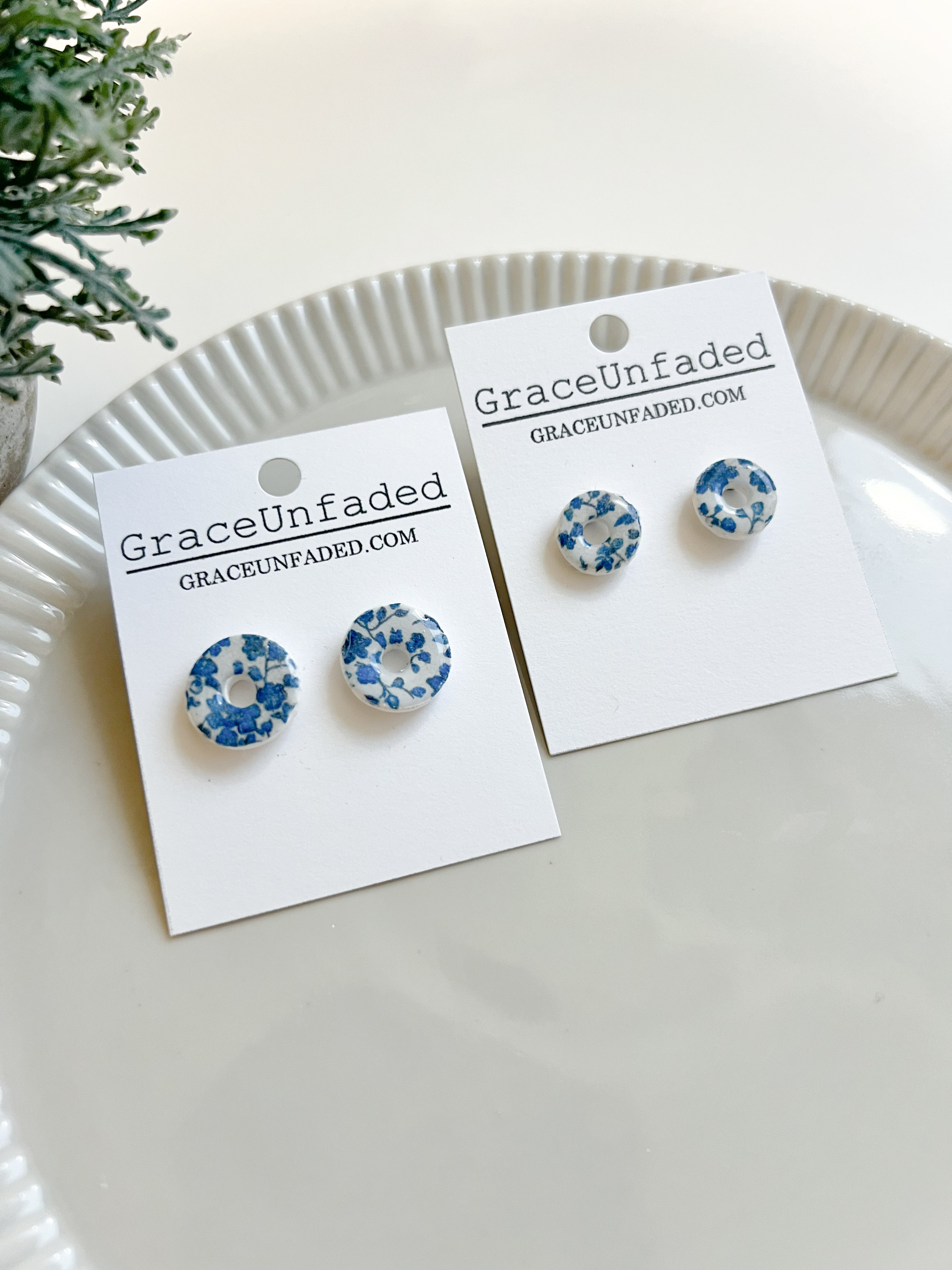 Round Blue Floral Stud - (Large and Small)