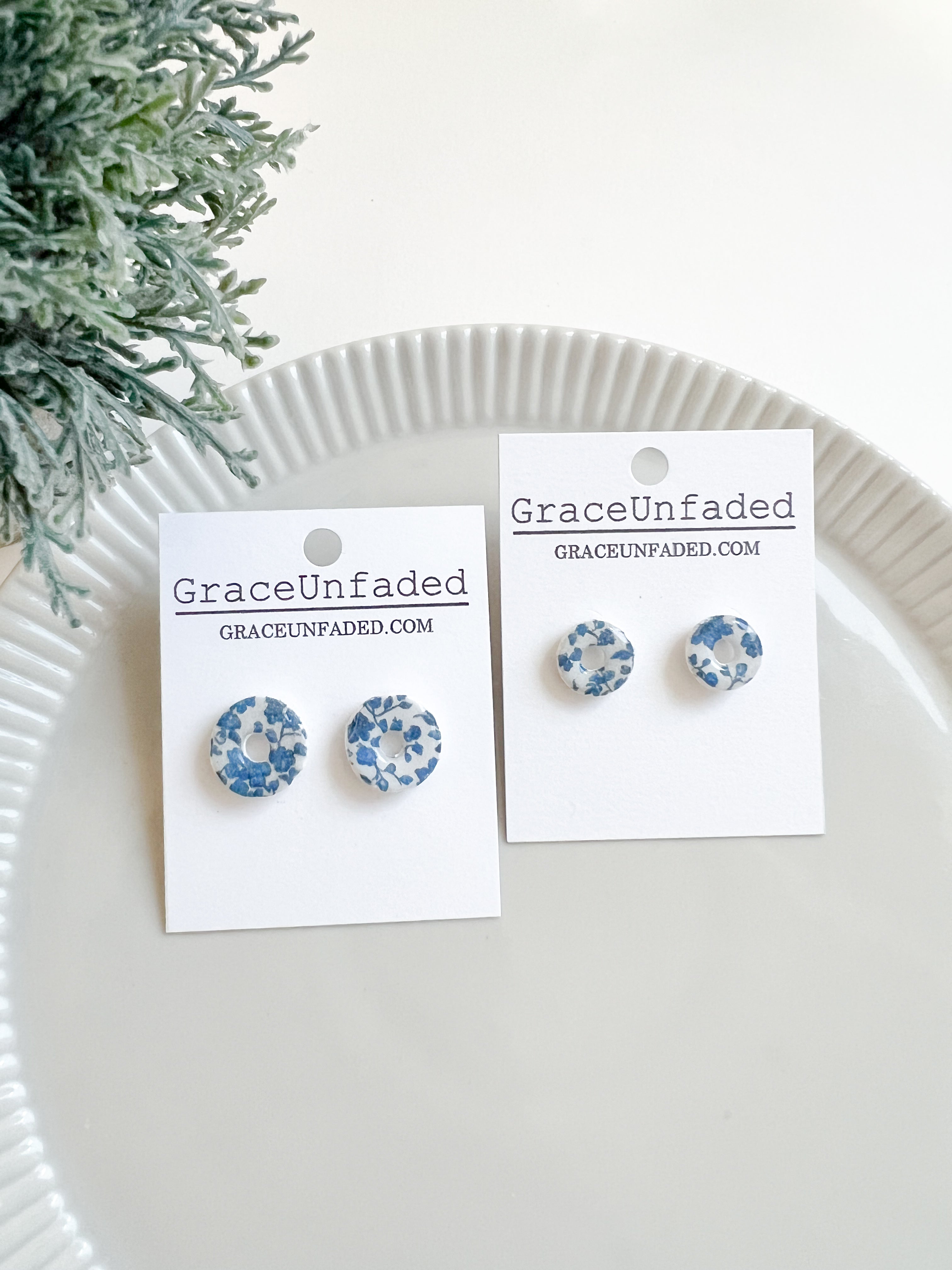 Round Blue Floral Stud - (Large and Small)