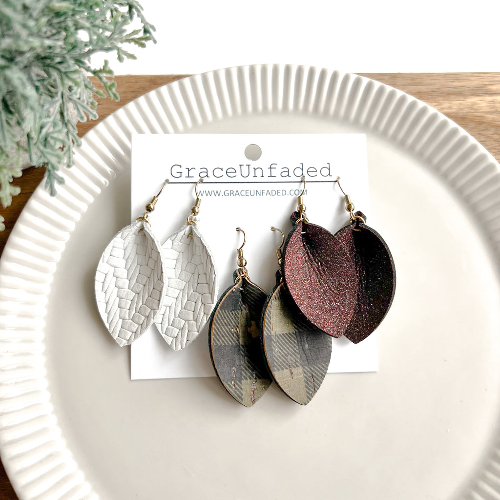 Leather Earring Packs - White, Buffalo Check, Shimmer Maroon