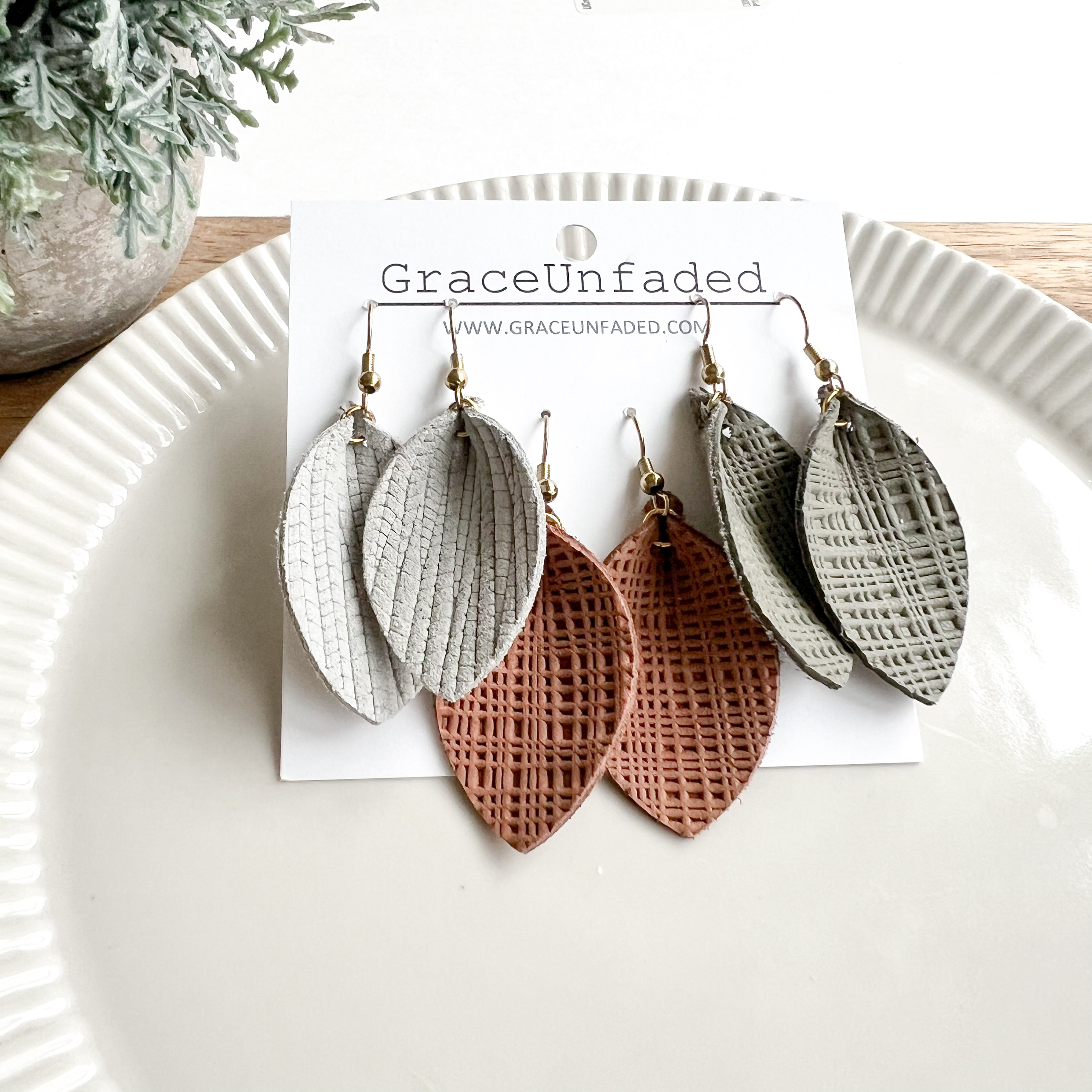 Leather Earring Packs - Light Gray, Cognac, Olive