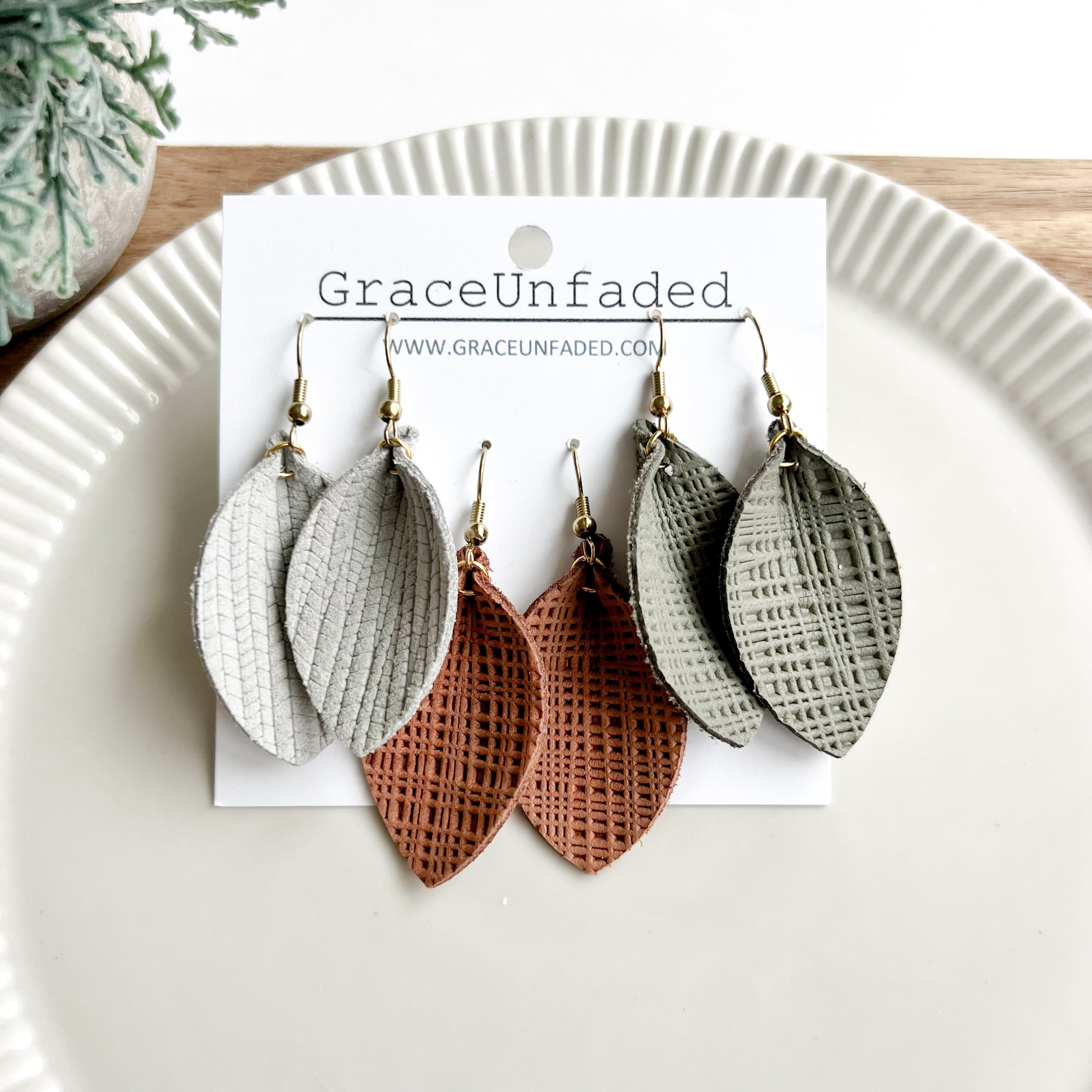 Leather Earring Packs - Light Gray, Cognac, Olive