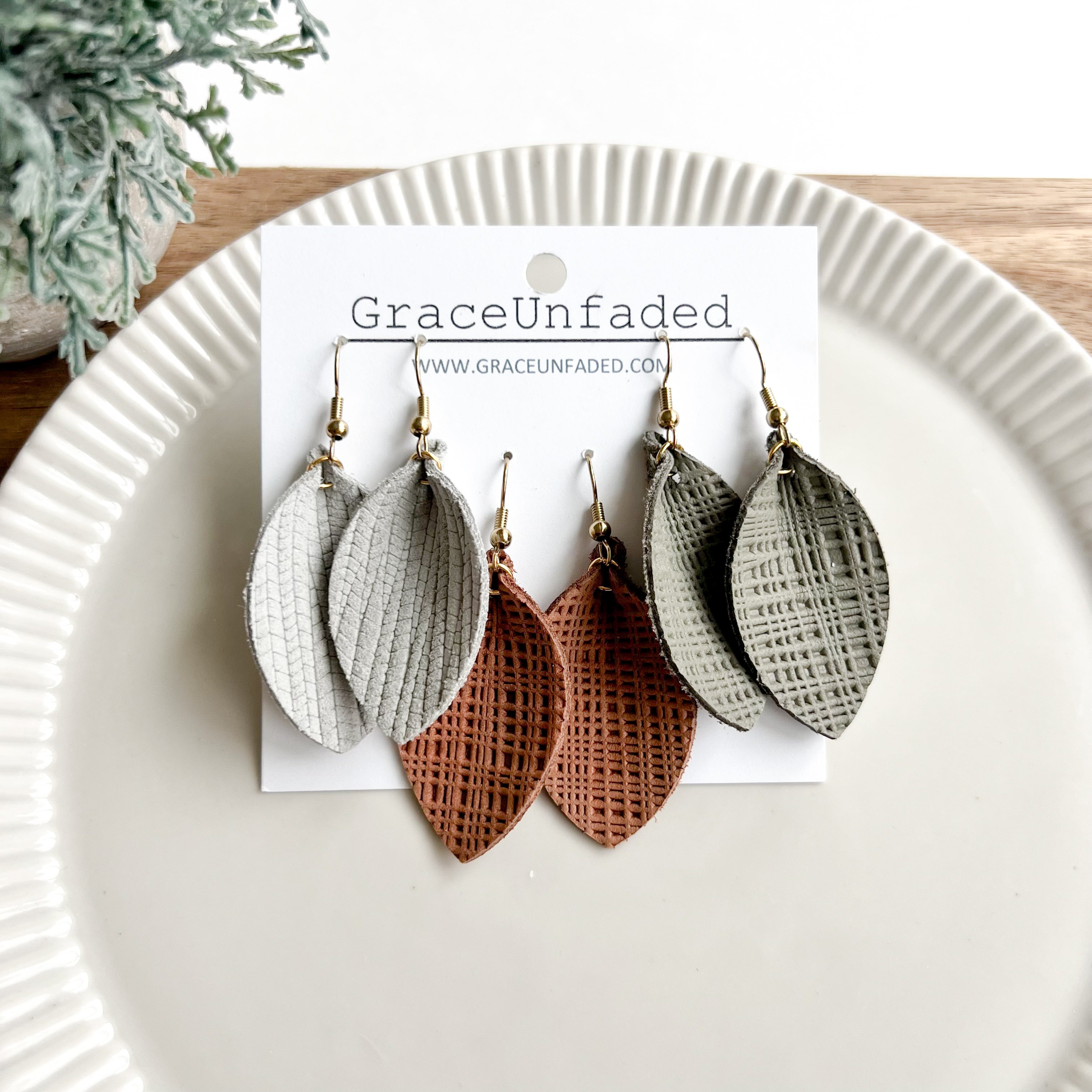 Leather Earring Packs - Light Gray, Cognac, Olive